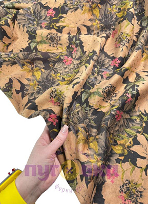 Замша на трикотаже Цветы на коричневом