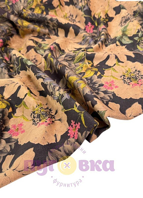 Замша на трикотаже Цветы на коричневом