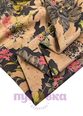 Замша на трикотаже Цветы на коричневом